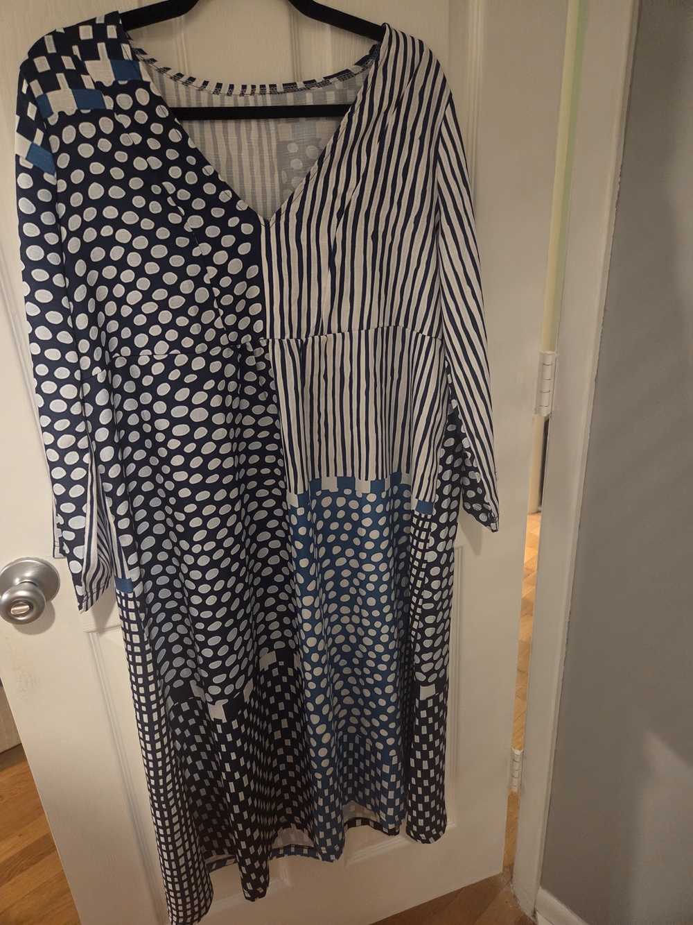 Blue & White Mixed-Print V-Neck Women’s Dress